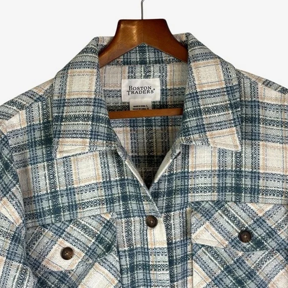 Plaid Shacket Shirt Jacket Size L Button Front Teal Cloud Boston Traders - Picture 5 of 12